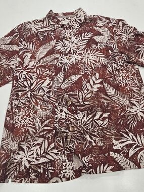 Tommy Bahama Red and White Tropical Print Button Down Shirt 100% Silk